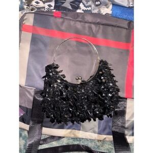 Sparkly Black Beaded Evening Clutch Purse with Metal Handle
